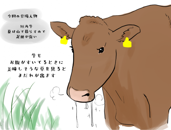 牛もお腹がすいてるときに美味しそうな草を見るとよだれがでます